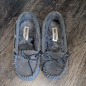 Minnetonka Charcoal Suede Moccasins